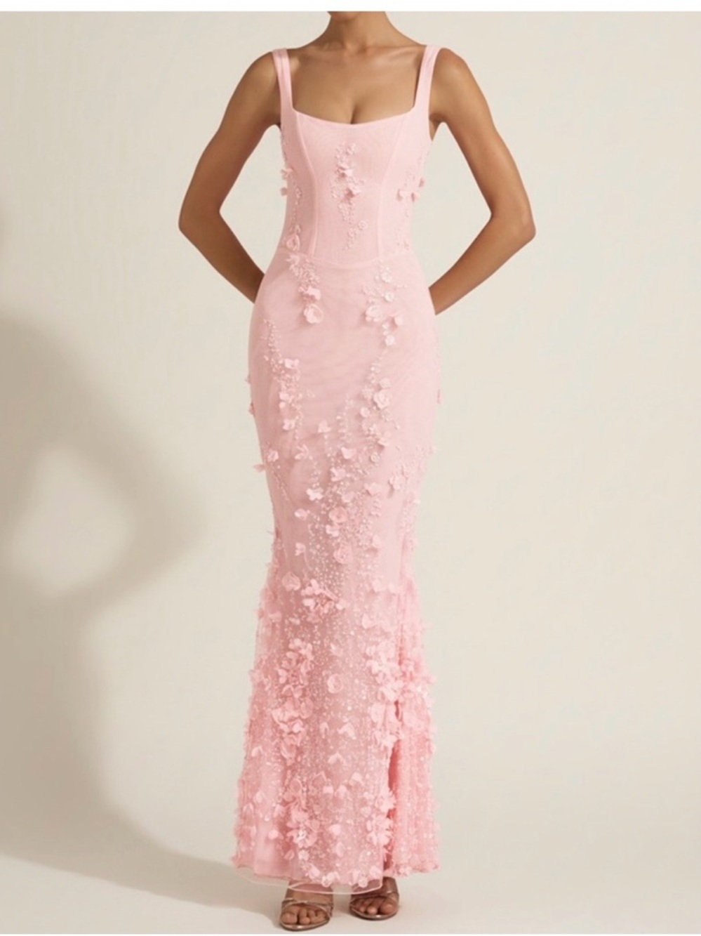 Elegant Pink Floral Appliqué Evening Gown